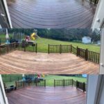 3 panoramic photos: top is wet deck before anything applied. Middle pic is after stripper/brightener. Bottom pic after 2nd coat of stain