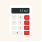 Calculator interface showing a large dark display with light teal '4.5 gal' text, beige rounded keypad below with numeric buttons and red operation buttons on the right, on a pale background.